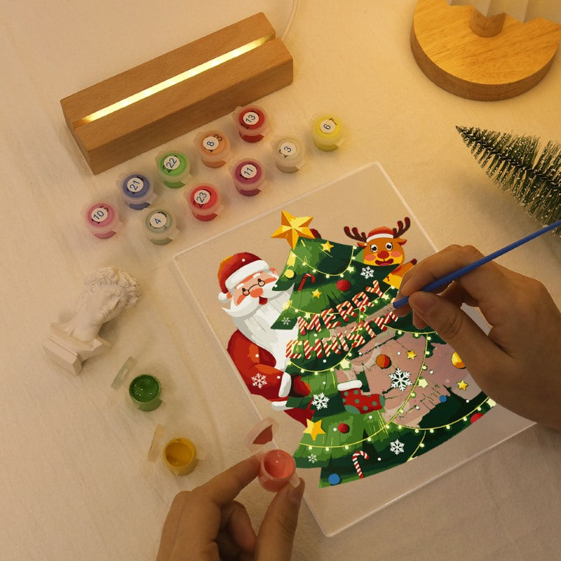 Paint by Numbers Christmas Lamp | Santa Claus and Reindeer Near the Tree