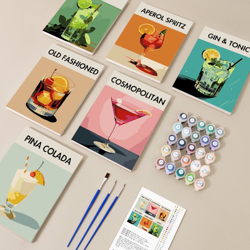 Sip & Paint Cocktail Set – 6 Mini Paint-by-Numbers + 6 Easels