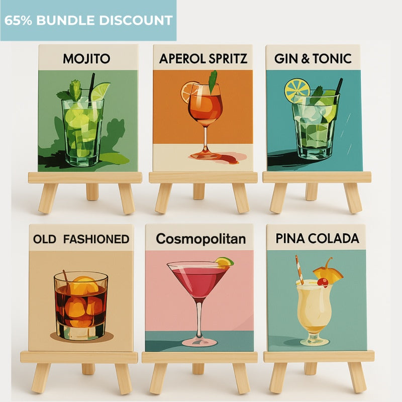 Sip & Paint Cocktail Set – 6 Mini Paint-by-Numbers + 6 Easels