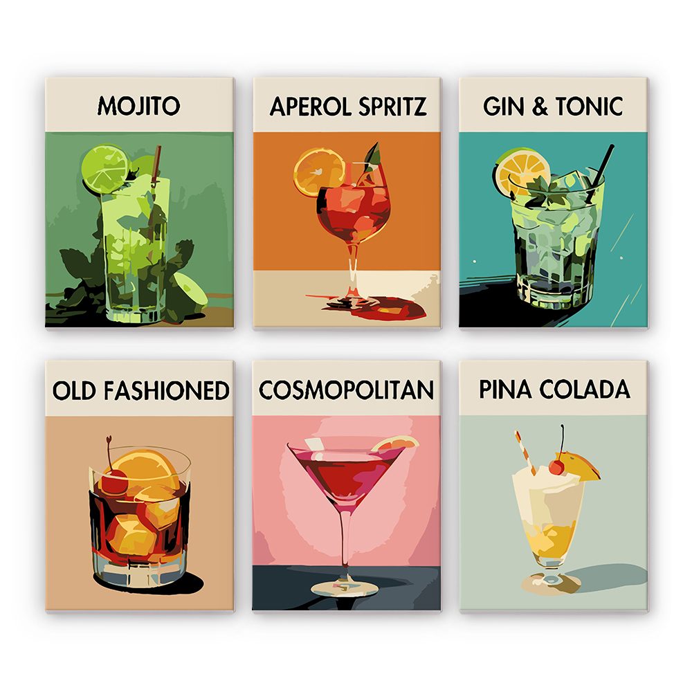 Sip & Paint Cocktail Set – 6 Mini Paint-by-Numbers + 6 Easels