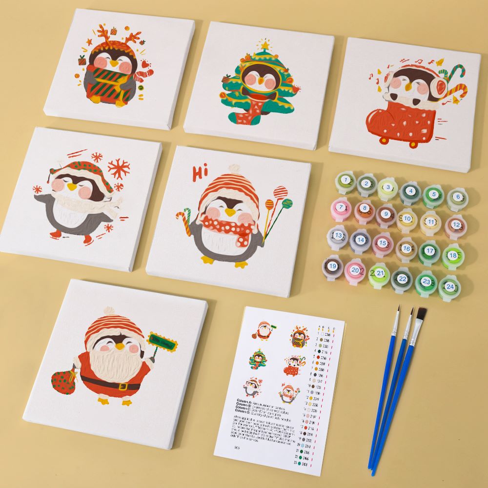 Paint by Numbers - 6 Mini Paintings | Christmas Penguins Set