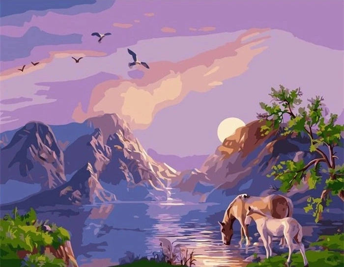Scenic and Serene Landscape with Pink Trees - Paint by Numbers