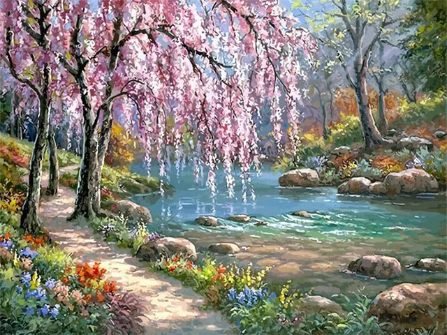Scenic and Serene Landscape with Pink Trees - Paint by Numbers