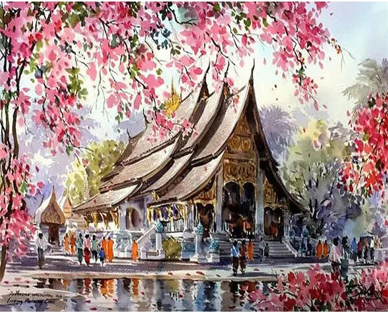 Scenic and Serene Landscape with Pink Trees - Paint by Numbers