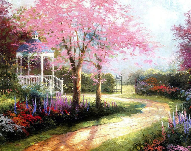 Scenic and Serene Landscape with Pink Trees - Paint by Numbers