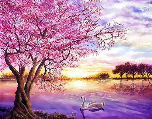 Scenic and Serene Landscape with Pink Trees - Paint by Numbers