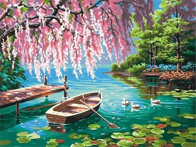 Scenic and Serene Landscape with Pink Trees - Paint by Numbers