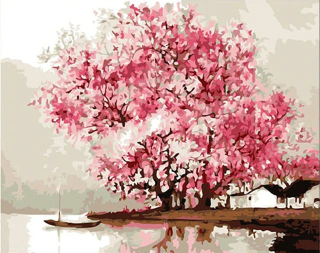 Scenic and Serene Landscape with Pink Trees - Paint by Numbers