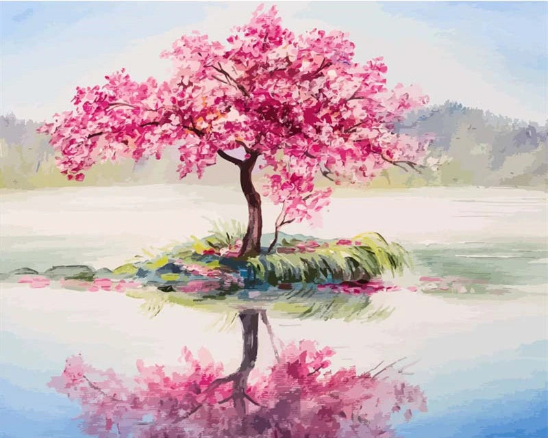 Scenic and Serene Landscape with Pink Trees - Paint by Numbers