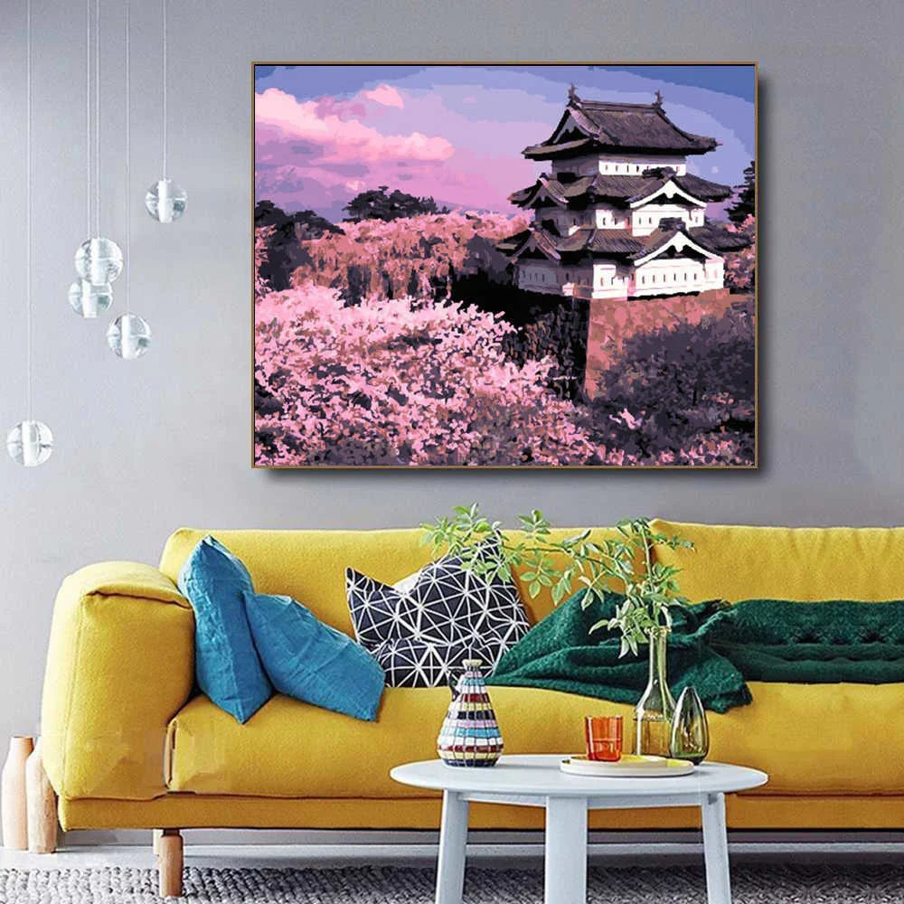 Scenic and Serene Landscape with Pink Trees - Paint by Numbers