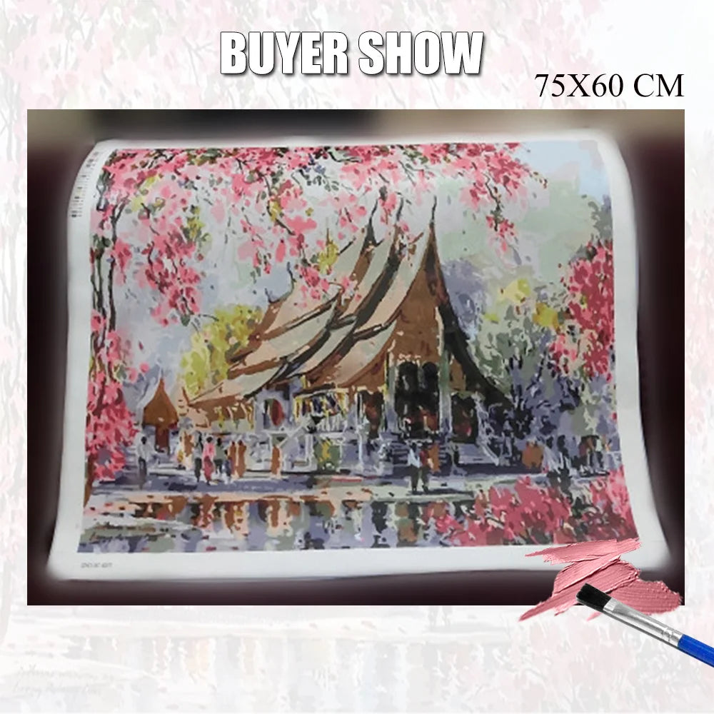 Scenic and Serene Landscape with Pink Trees - Paint by Numbers