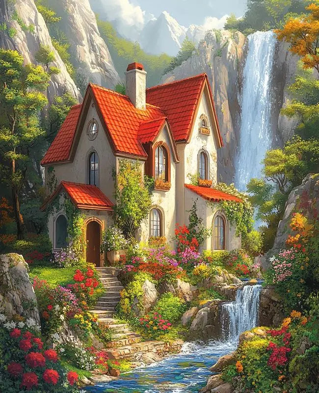 Girl Flower and House Landscape – DIY Paint by Numbers Wall Art (Customizable by Paint)