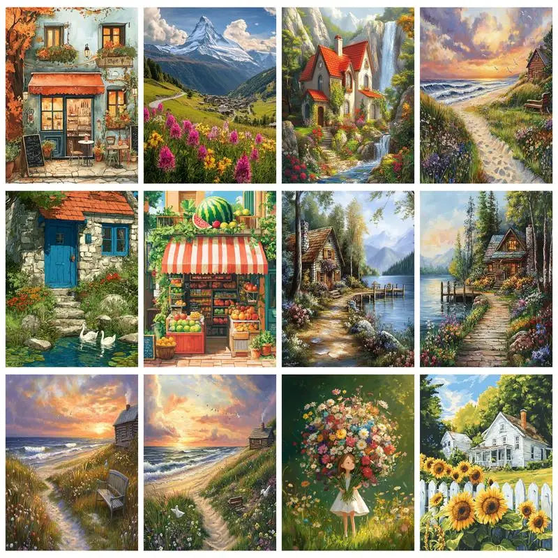 Girl Flower and House Landscape – DIY Paint by Numbers Wall Art (Customizable by Paint)