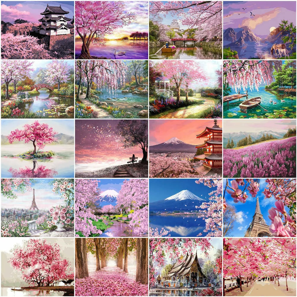 Scenic and Serene Landscape with Pink Trees - Paint by Numbers