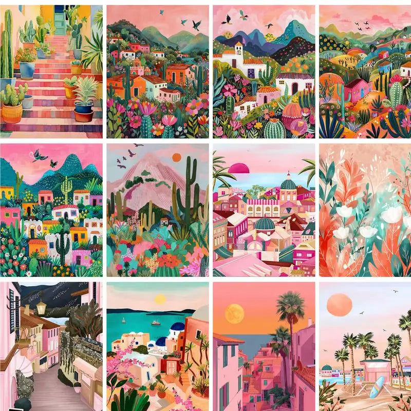 Pink Scenery Landscape Paint-by-Numbers Kit