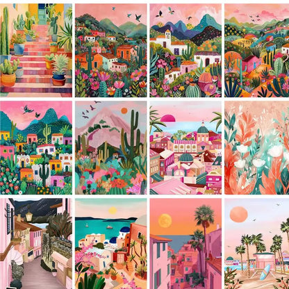 Pink Scenery Landscape Paint-by-Numbers Kit