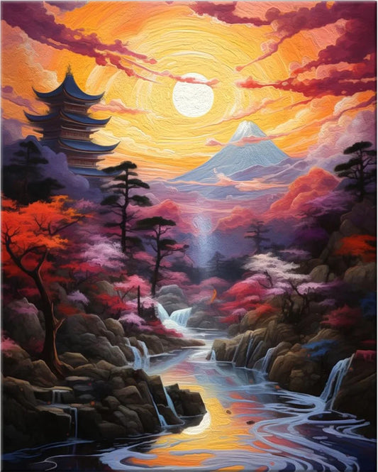 Sunset Landscape, Peaceful Paradise – DIY Framed Paint by Numbers Kit (Customizable by Paint)