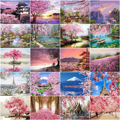 Scenic and Serene Landscape with Pink Trees - Paint by Numbers